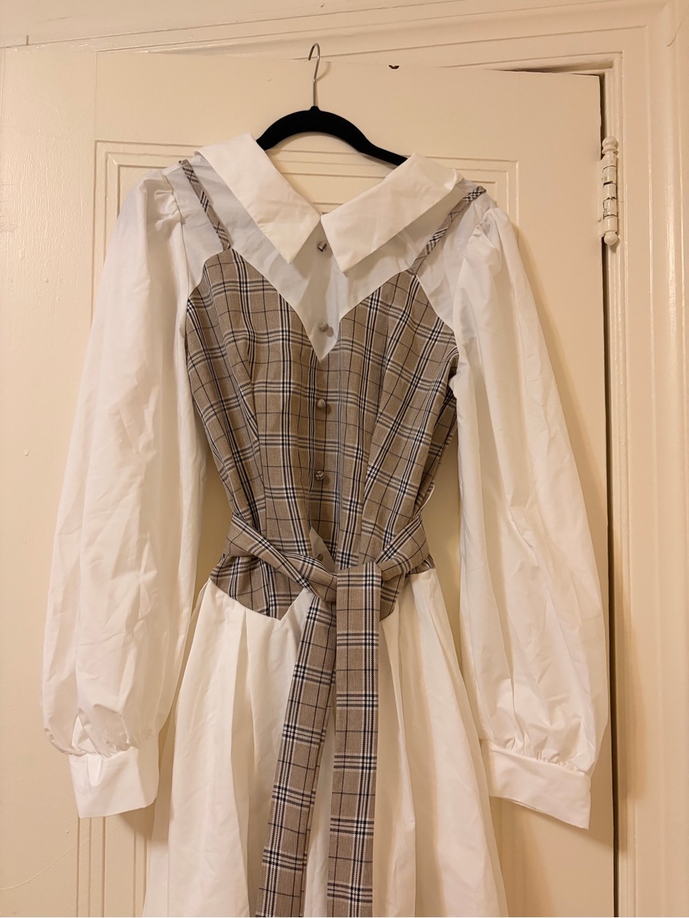 White Maxi Dress with Beige Plaid Bodice